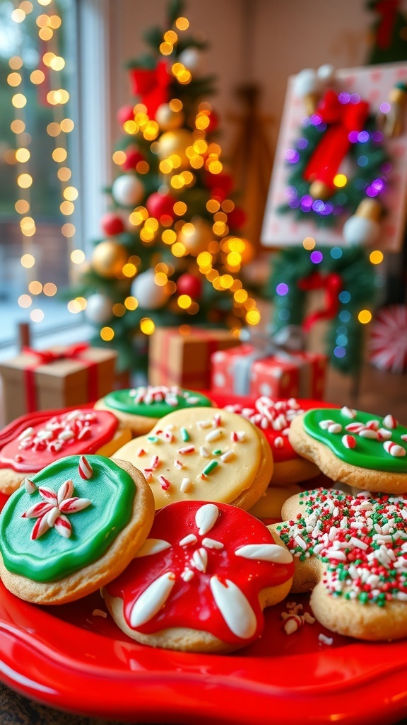 90s Christmas Aesthetic Holiday Treats A plate of colorful 90s Christmas cookies decorated with icing and sprinkles, set against a festive background.